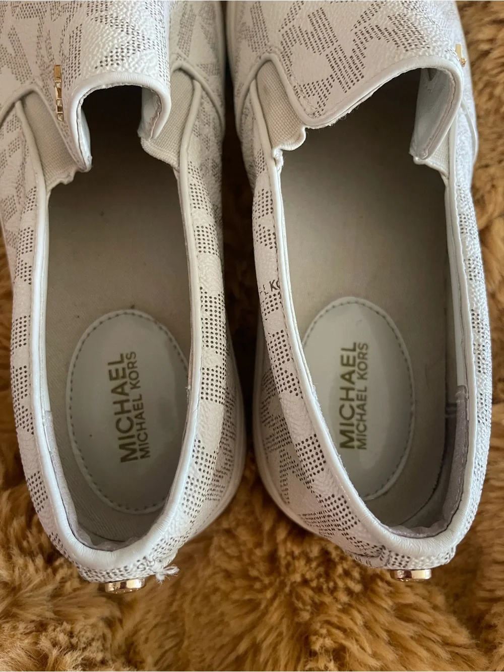 Michael Kors White and Gold MK Logo Slip-On Sneakers